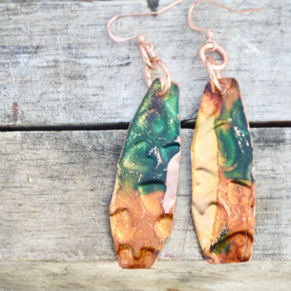 Yellow Hearts Red Solid Copper Long Earrings Drop - Picture 2 of 2